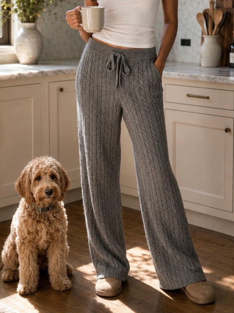 Ann Taylor LOFT Lou & Grey Size M Cable Knit Wide Leg Sweater Pants Loungewear